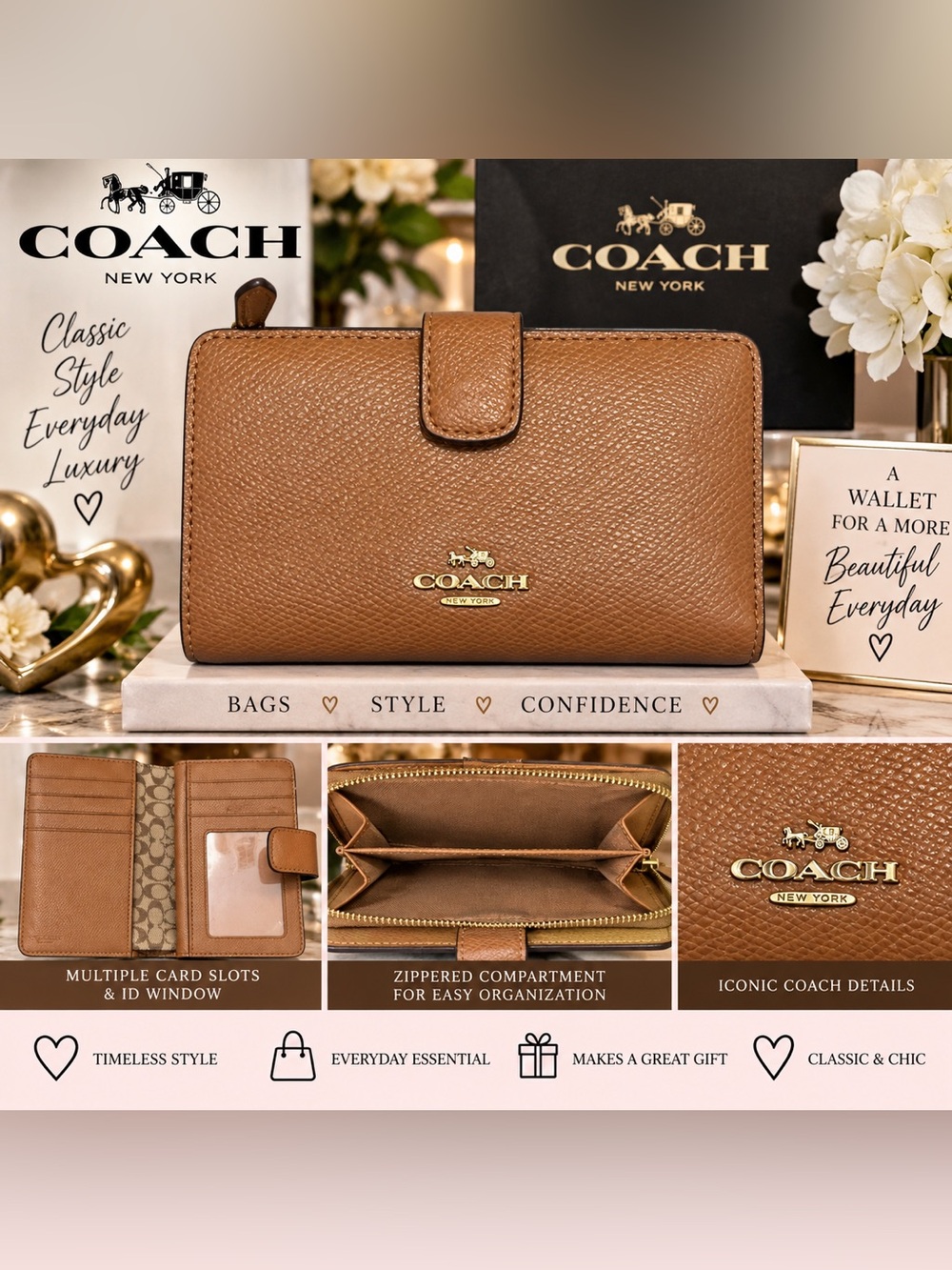 Coach Brown Leather Continental Wallet with Gold Logo